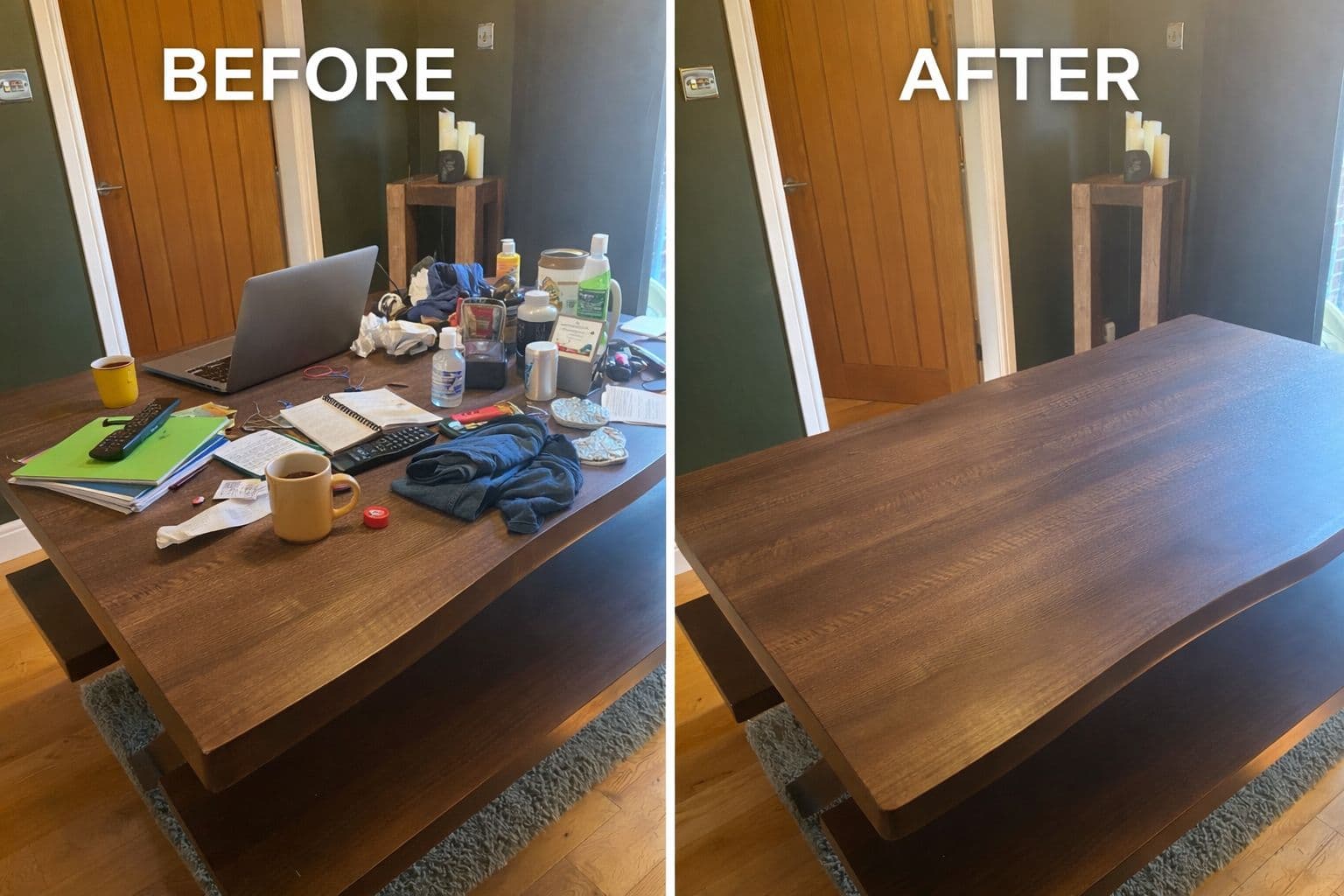 Side-by-side cleaning results of a professionally cleaned dining table