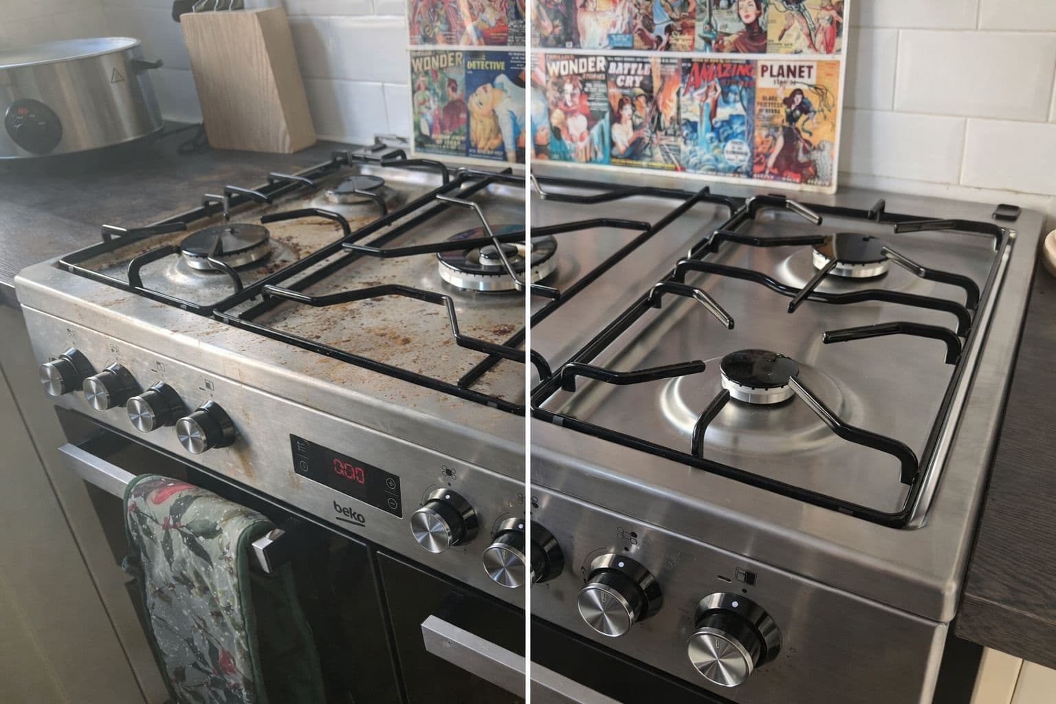 Side-by-side cleaning results of a polished kitchen hob