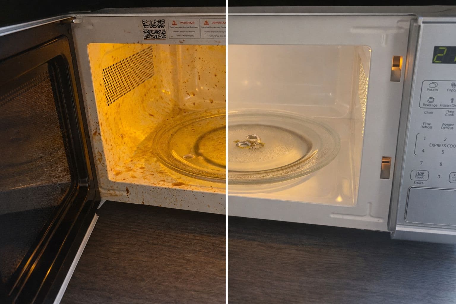 Side-by-side cleaning results of a detailed microwave interior