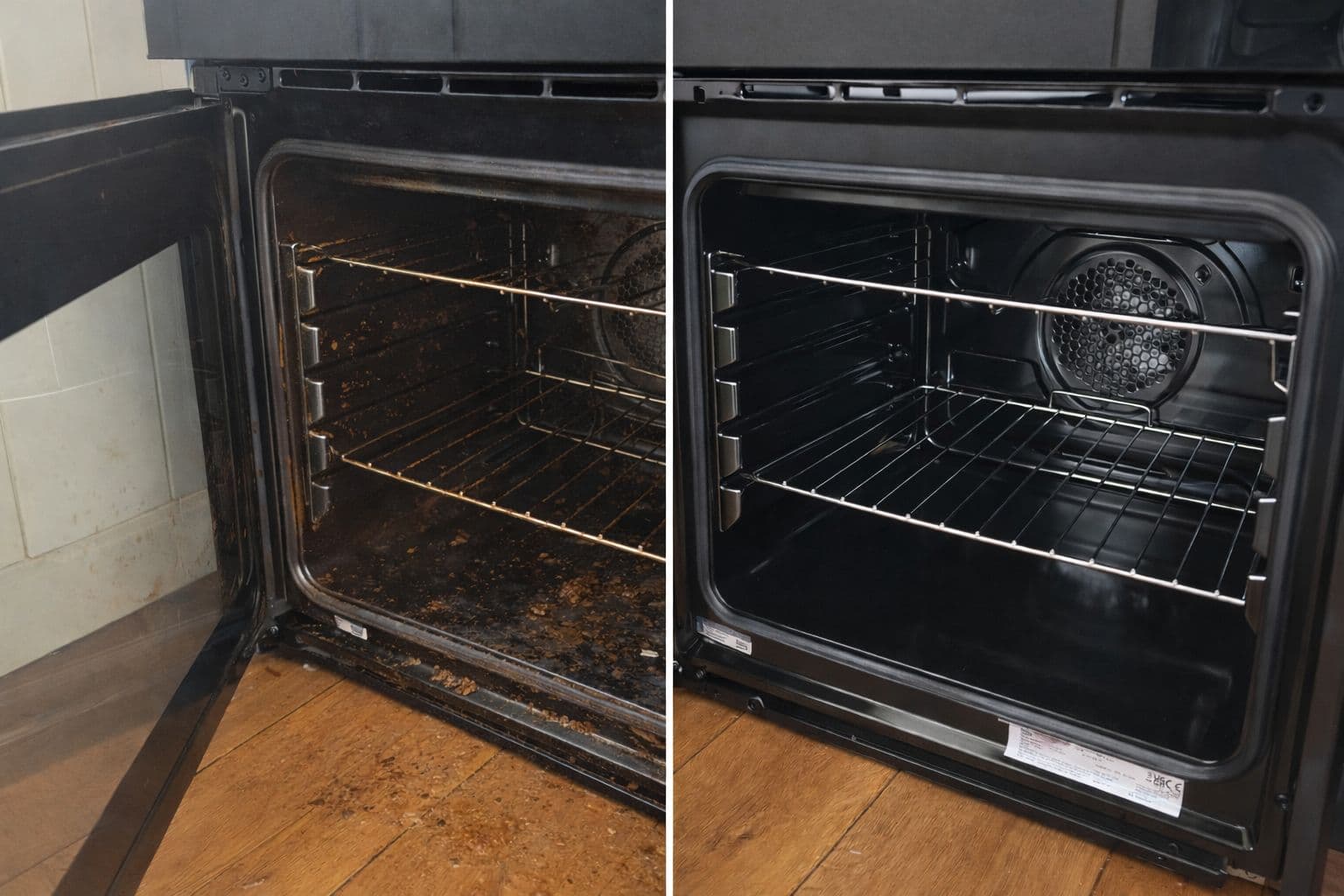 Side-by-side cleaning results of a professionally cleaned oven