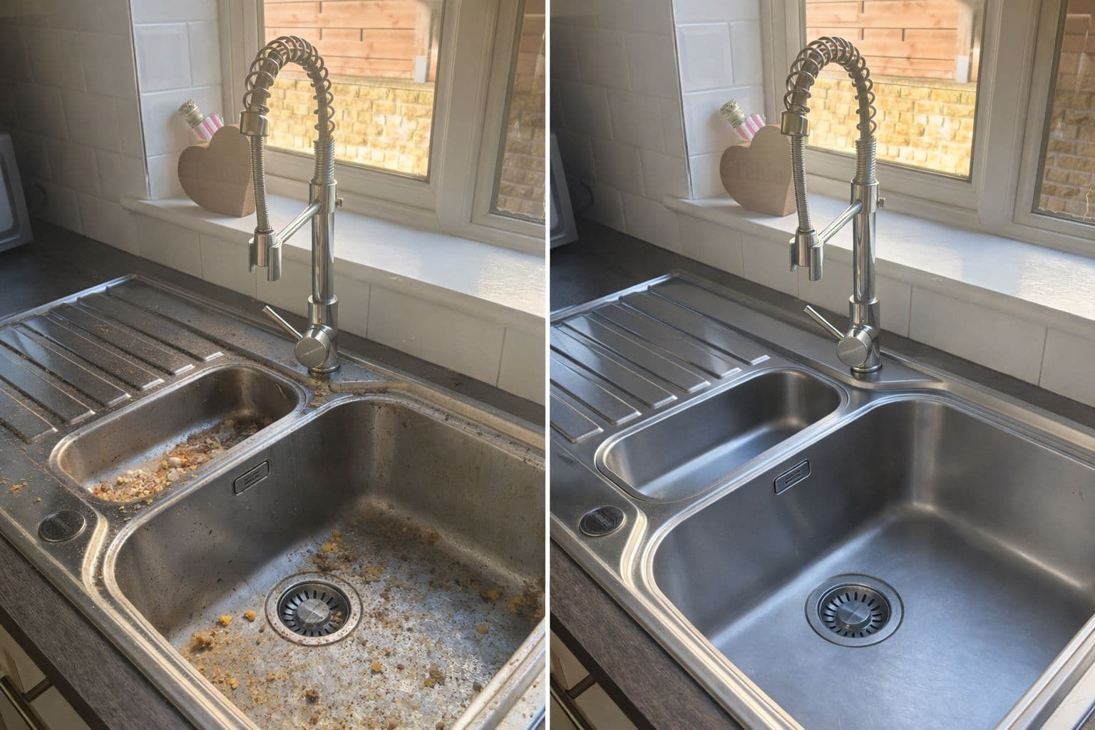 Side-by-side cleaning results of sink and tap after limescale removal